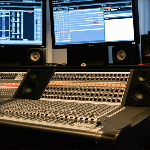 A professional music studio with multiple monitors and audio interfaces managing 256-channel spatial audio.