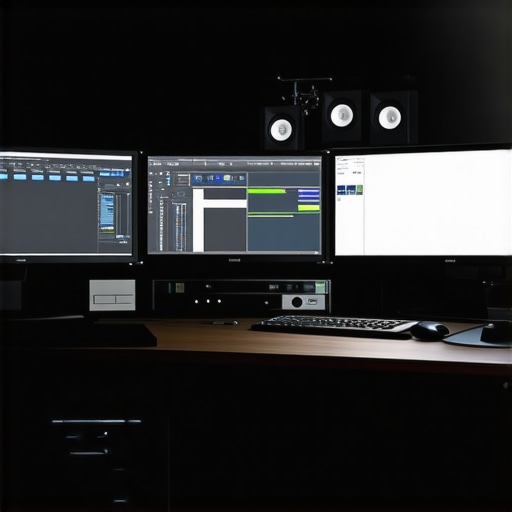 A modern, organized video editing workstation with multiple screens, hardware, and media management tools.