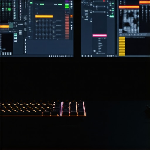 A sleek editing workstation with high-performance hardware and multiple monitors running editing software.